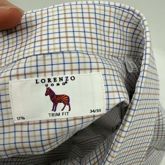 Lorenzo Uomo Dress Shirt Men 17.5 NEW White Trim Fit Check Button Up Long Sleeve - Picture 6 of 13